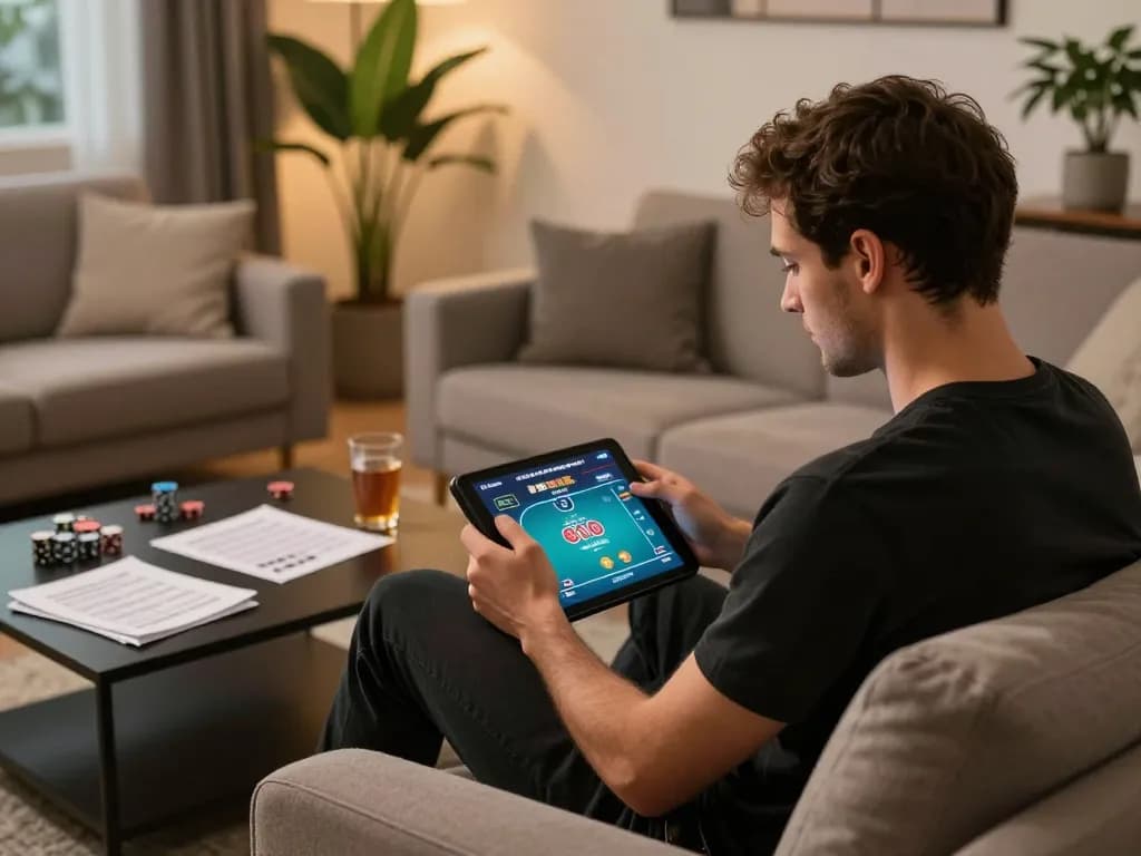 O8 player engaging in online poker while surrounded by strategy notes in a cozy setting
