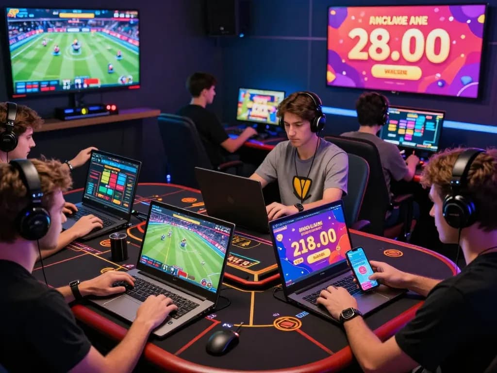 3win online gambling scene with diverse gamers engaged in betting activities, showcasing excitement and vibrant atmosphere.