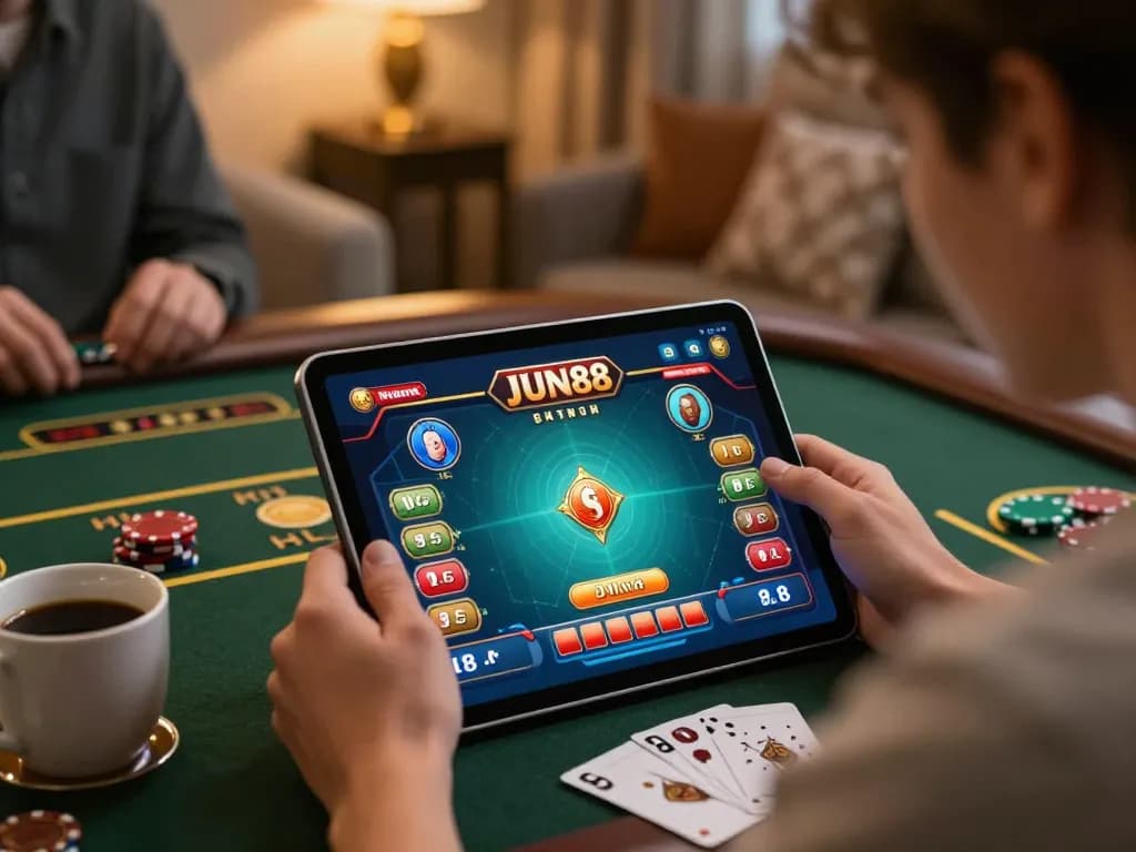 Engaged user evaluating gambling strategies on JUN88 online casino app at home