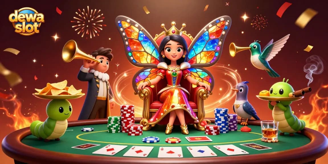 Engage with the dewa slot experience featuring vibrant 3D characters surrounded by colorful casino elements.
