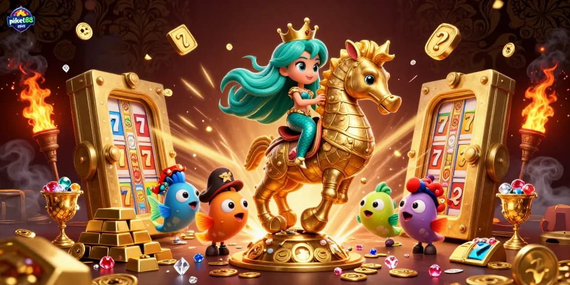 Engage with the piket88 slot adventure featuring a colorful scene of casino treasures and vibrant characters.