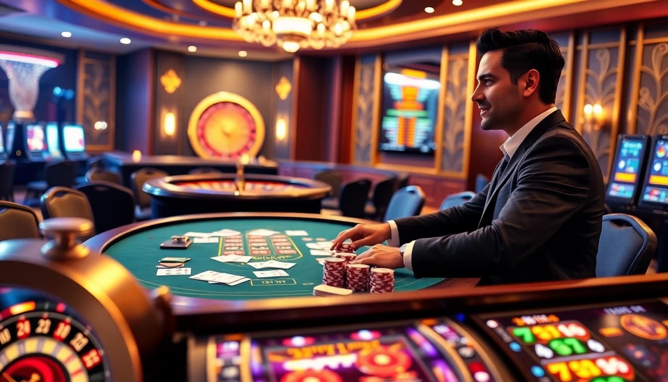 Experience thrilling gameplay at 13win with poker chips and a roulette wheel in a luxurious casino setting.