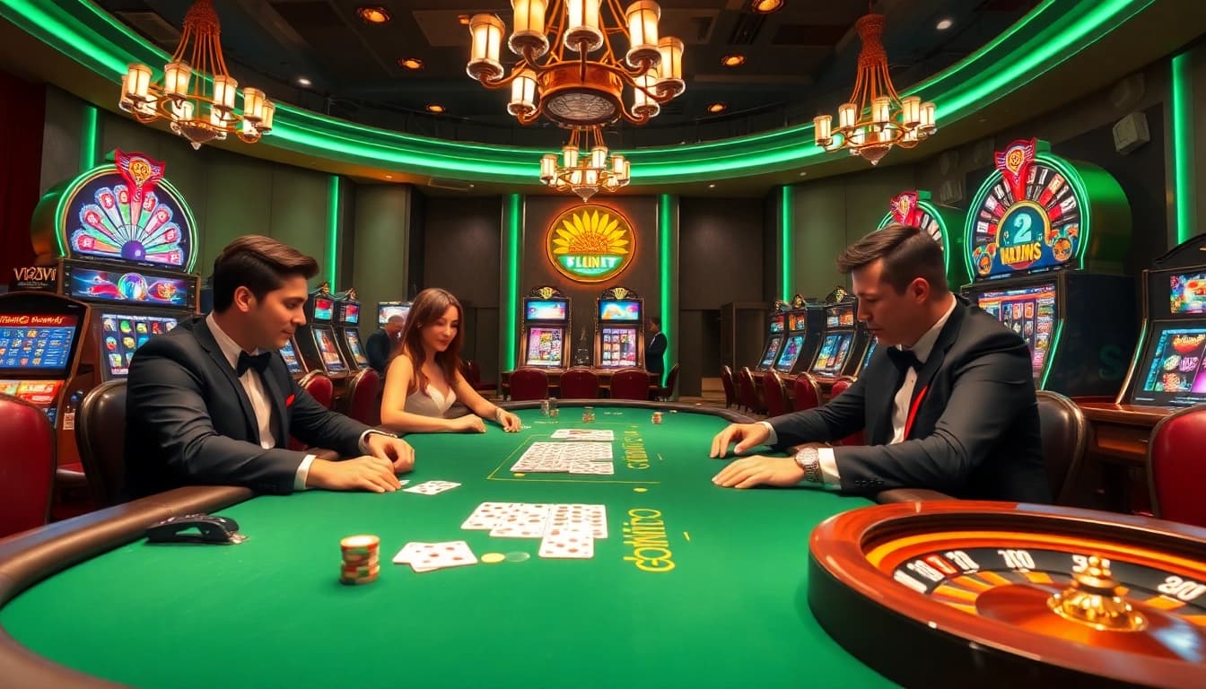 Engaged gamblers enjoy a luxurious poker game at 23win, with vibrant slot machines in the background.