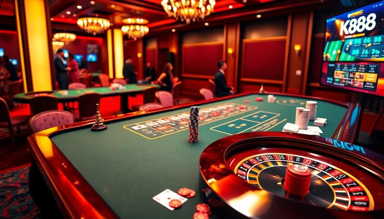 K88 table showcasing luxury gambling experience with poker chips and roulette wheels.