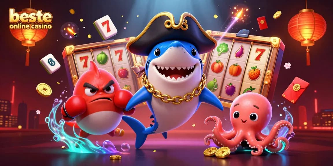 Engage with the beste online casino featuring vibrant slot symbols and exciting characters in a dynamic, festive scene.