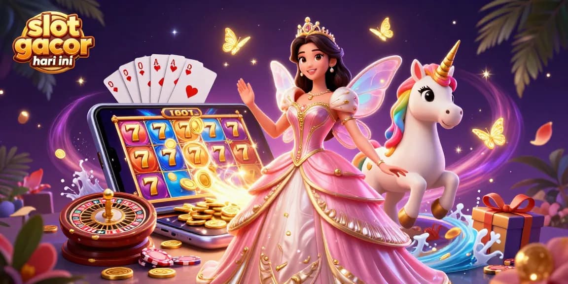 Experience the excitement of slot gacor hari ini with a dazzling 3D scene of a glamorous princess and golden unicorn.