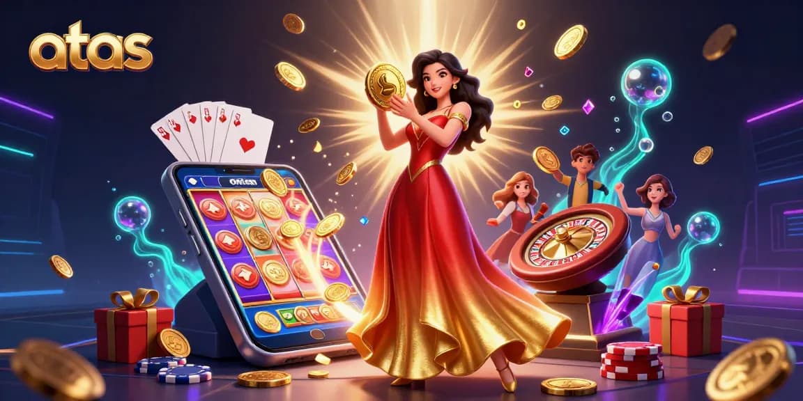 Play exciting games at atas casino featuring a stunning Asian woman with golden coins and vibrant slot elements.