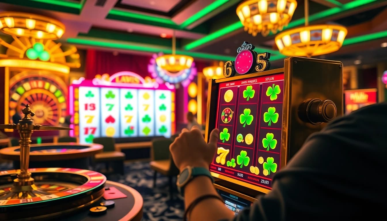 Player spins the demo slot machine featuring vibrant graphics and casino elements in a lively atmosphere.