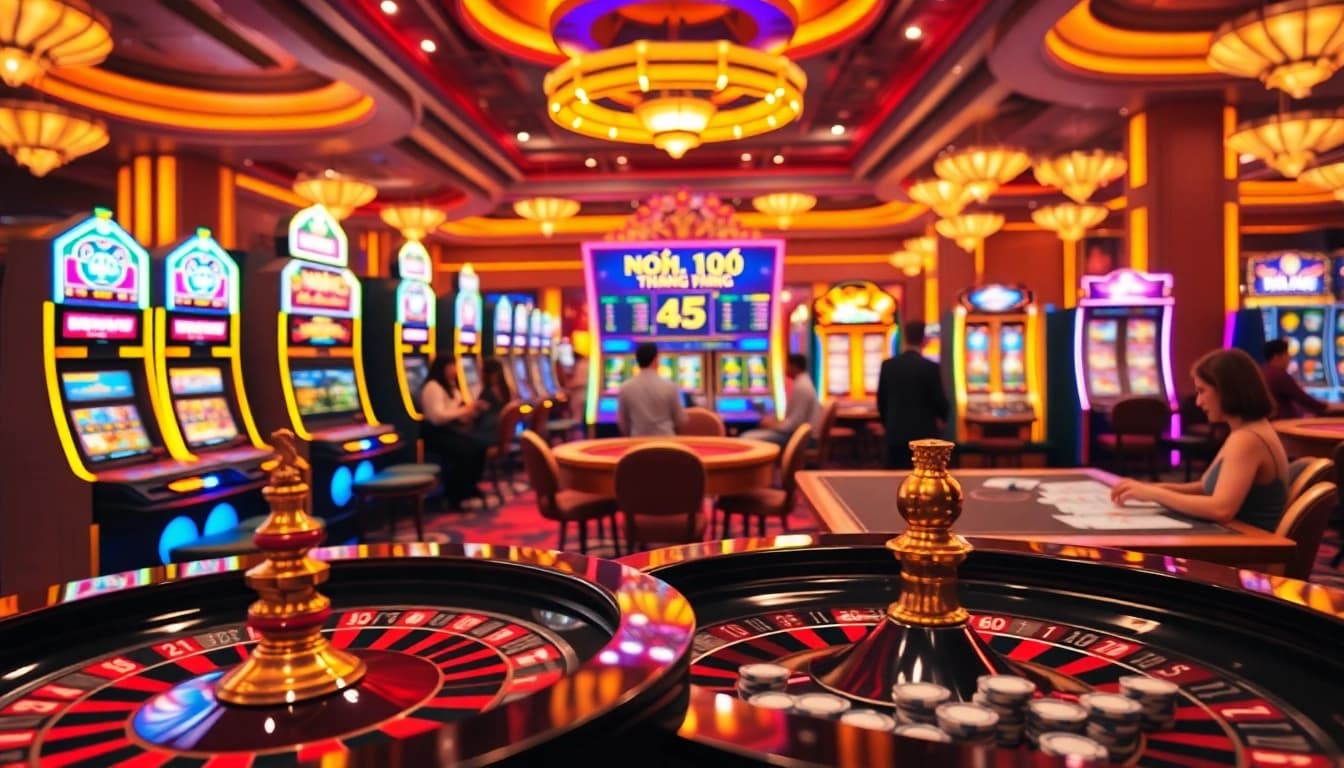 Nổ Hũ Đổi Thưởng slots spin towards exciting jackpots in a vibrant casino scene.