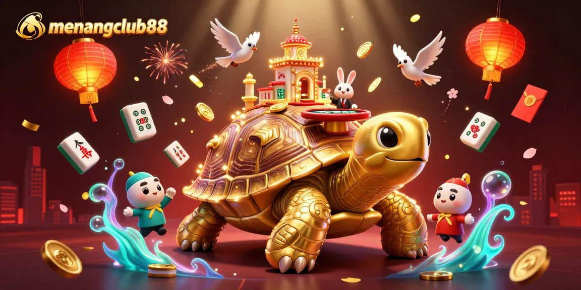 Experience exciting gaming at menangclub88 with a festive 3D casino scene featuring a tortoise and rabbit dealer.