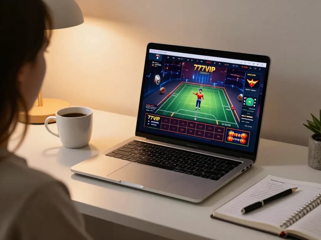 Player engaging with 777VIP online casino game on laptop in cozy home setting.