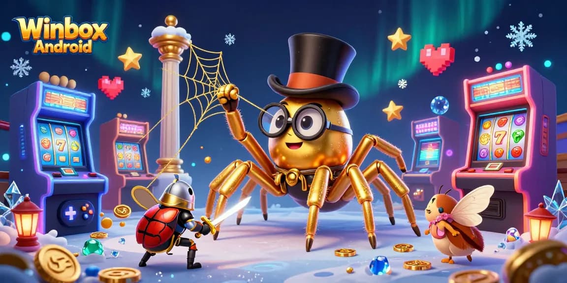 Winbox Android app illustration showcasing gameplay elements and vibrant characters in a dynamic casino environment.