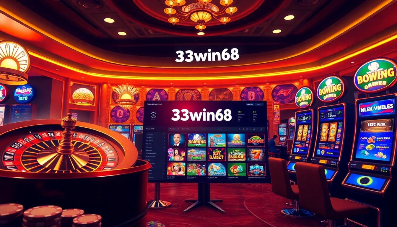 Antarmuka perjudian online yang menarik menampilkan 33win68 dengan elemen kasino yang berwarna-warni.