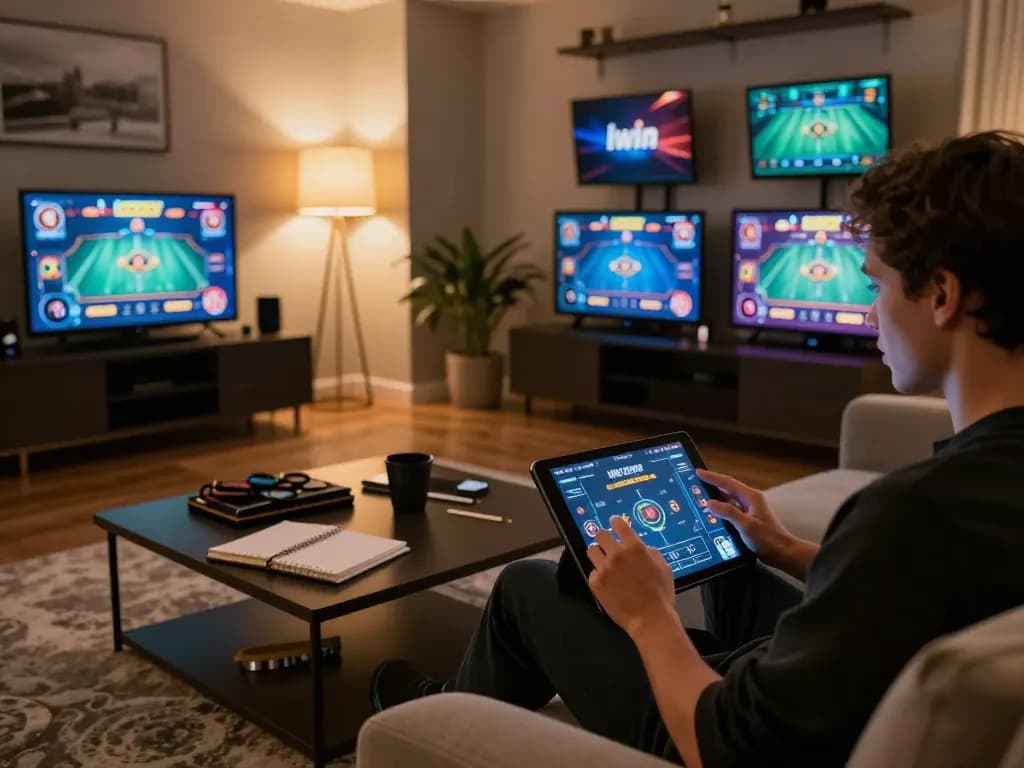 Iwin player strategizing online gambling on a tablet at home, cozy atmosphere
