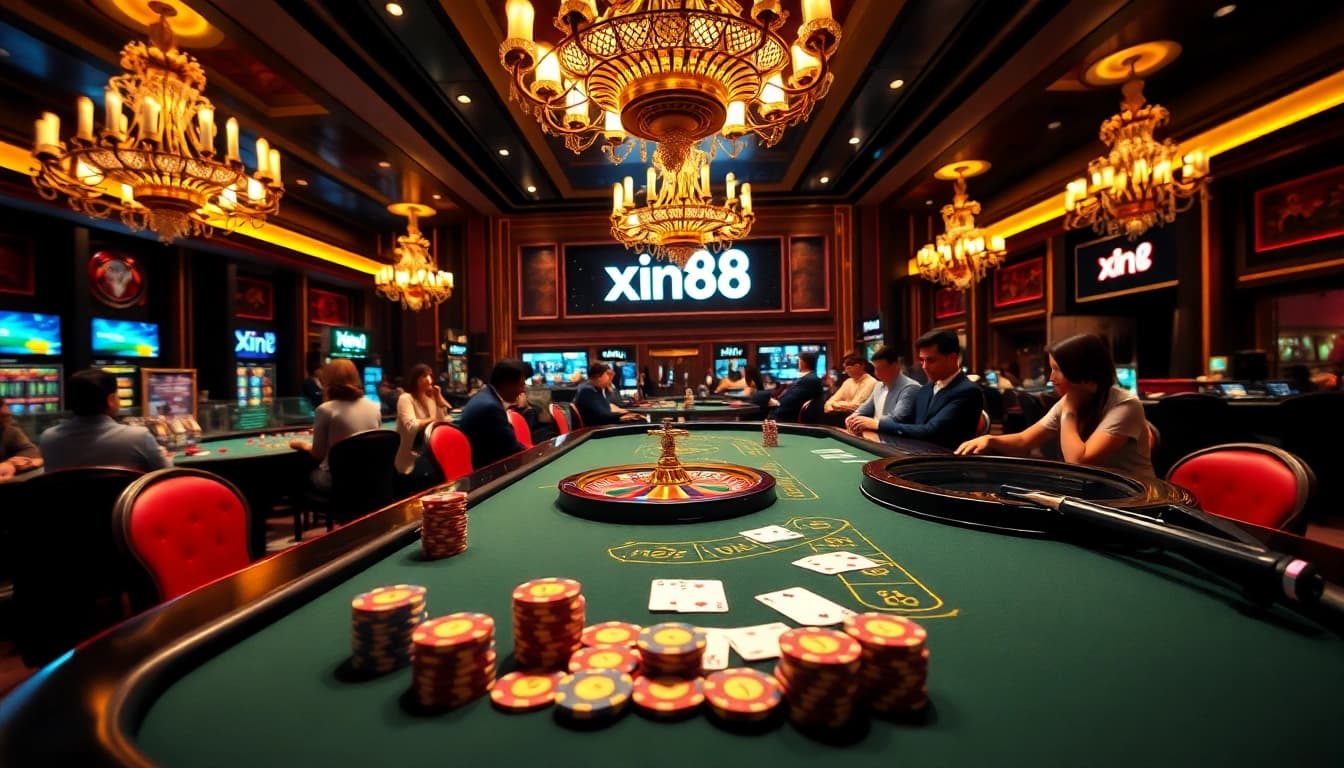 Players enjoying thrilling games at Xin88's luxurious casino, featuring poker and roulette.