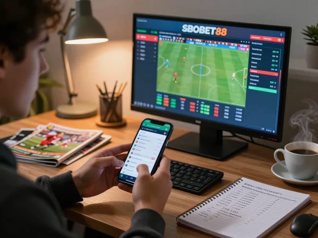 SBOBET88 sports betting enthusiast analyzing live match odds on multiple screens at home.