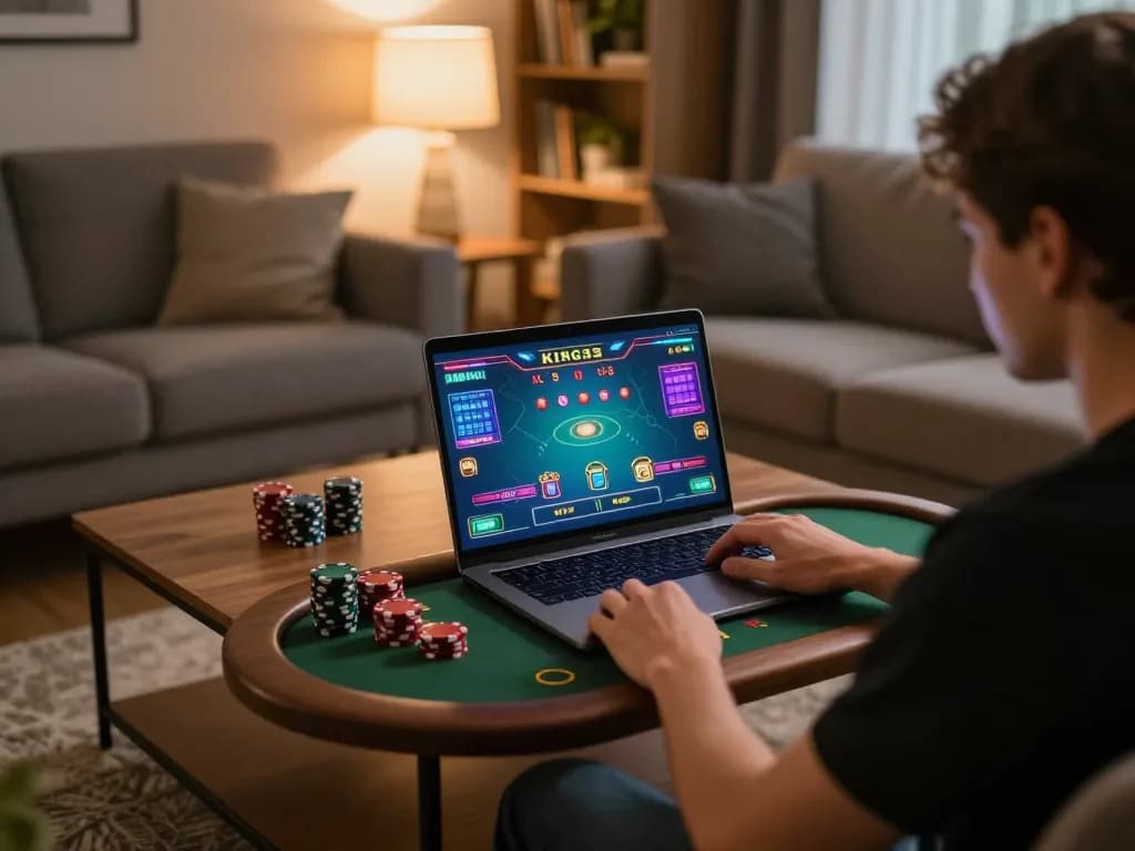 Engaging online gaming scene with a player enjoying king33 poker in a cozy home setting.