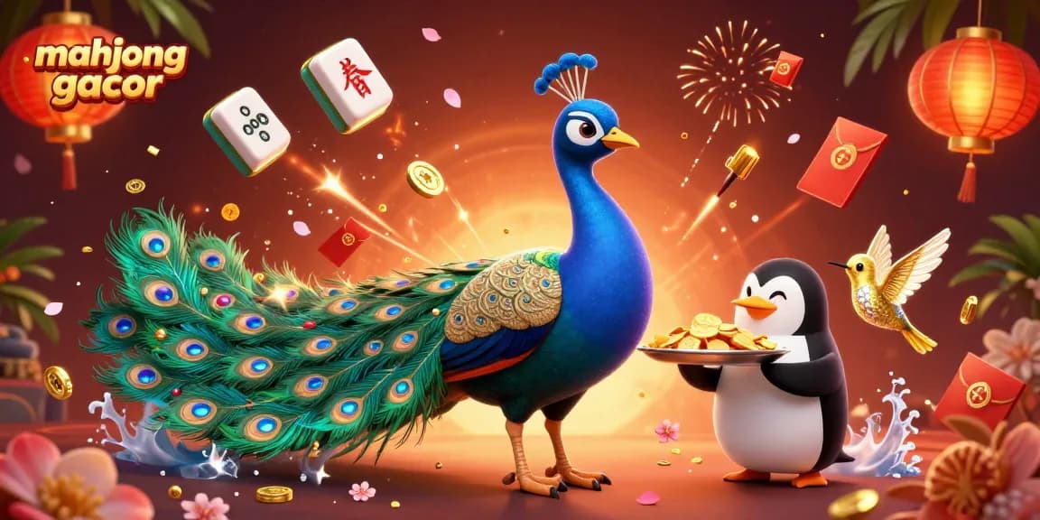 Experience mahjong gacor excitement with a colorful 3D illustration of characters and casino elements.