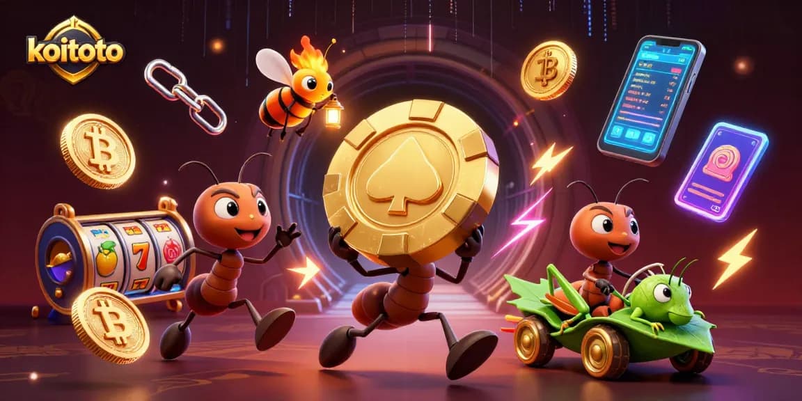 Koin slot KOITOTO bersinar saat tim semut memindahkan chip poker emas dalam aksi seru.