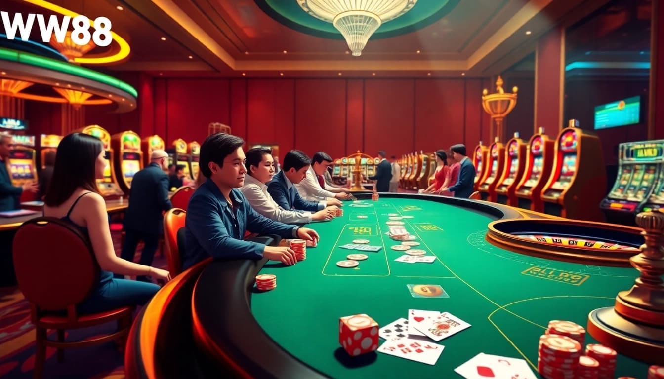 Experience the thrill of WW88 online gambling at an exciting casino table with poker chips and cards.