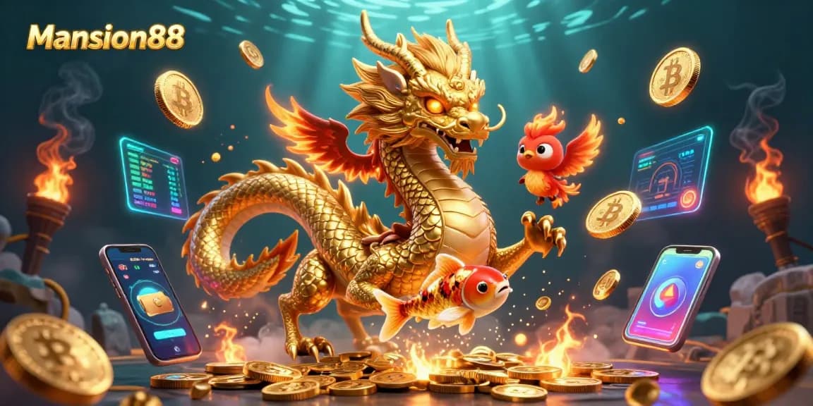 Spin the reels at Mansion88 with a fierce dragon and phoenix amidst golden coins.