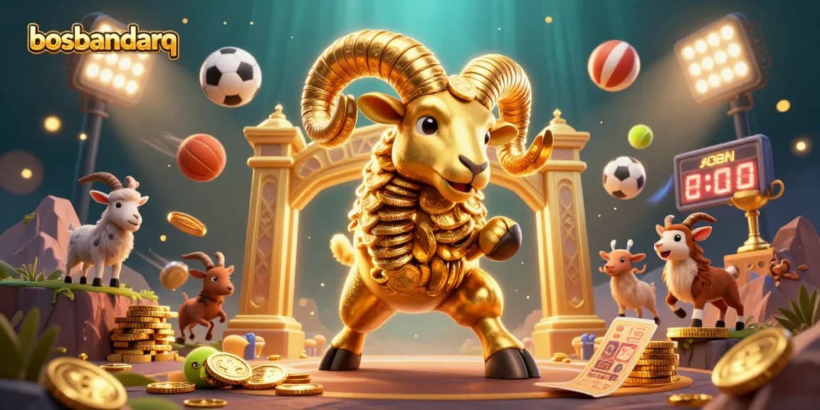 Bosbandarq features a charging golden ram surrounded by dynamic sports elements, emphasizing online gaming action.
