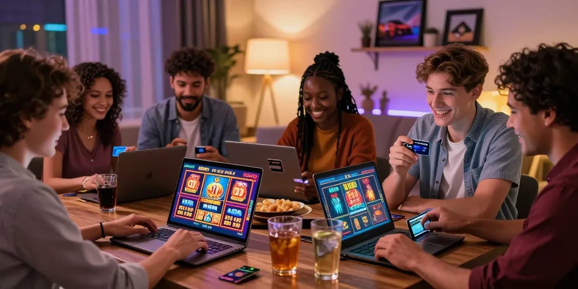 Friends enjoying online gaming at credit card casinos from https://dea.org.uk, surrounded by vibrant game graphics and a cozy atmosphere.