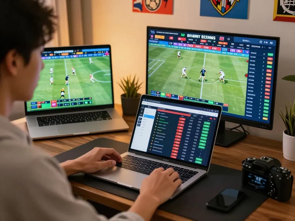 Engaging sports bettor using 23winy app in stylish home office, showcasing betting excitement
