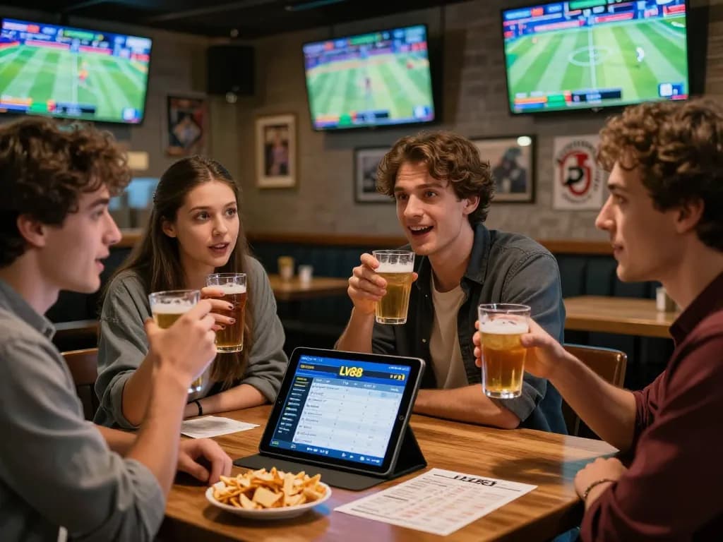 LV88 bettors enjoying live sports at a vibrant bar, tablets and drinks enhancing the excitement.