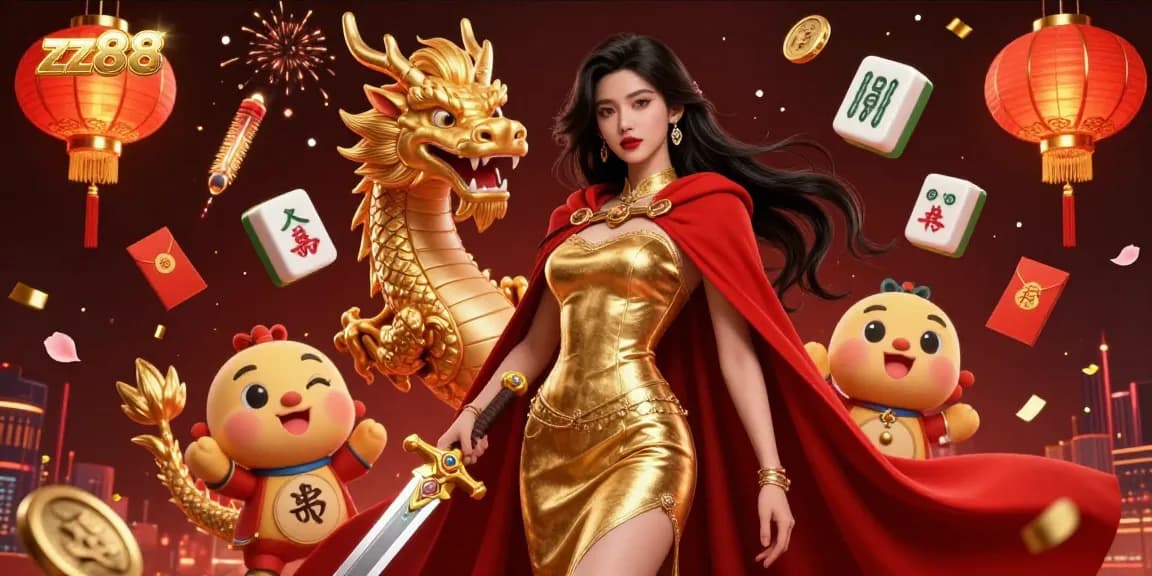 Experience thrilling gameplay with zx88, featuring a warrior queen, golden dragon, and vibrant casino elements.