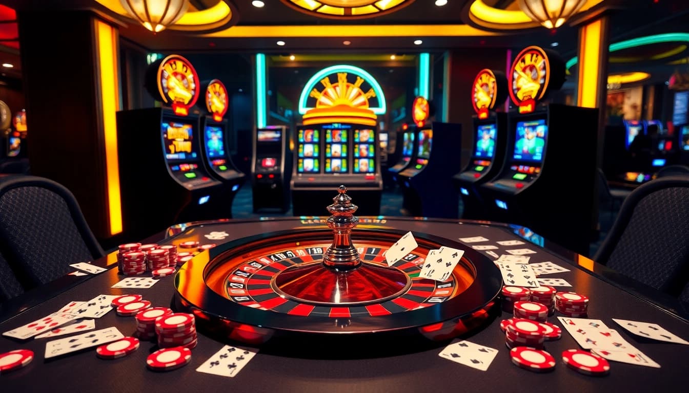 Experience the thrill of the leci123 gaming table with vibrant slot machines and poker chips.