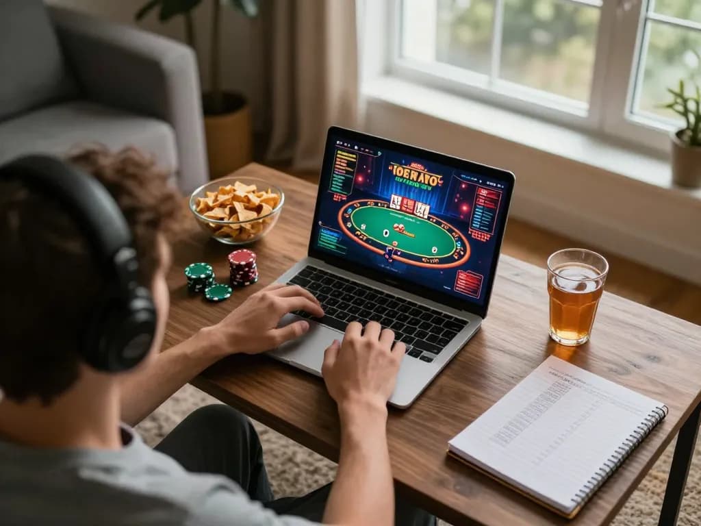 Player enjoying LV88 poker game on laptop with strategic notes and snacks nearby.