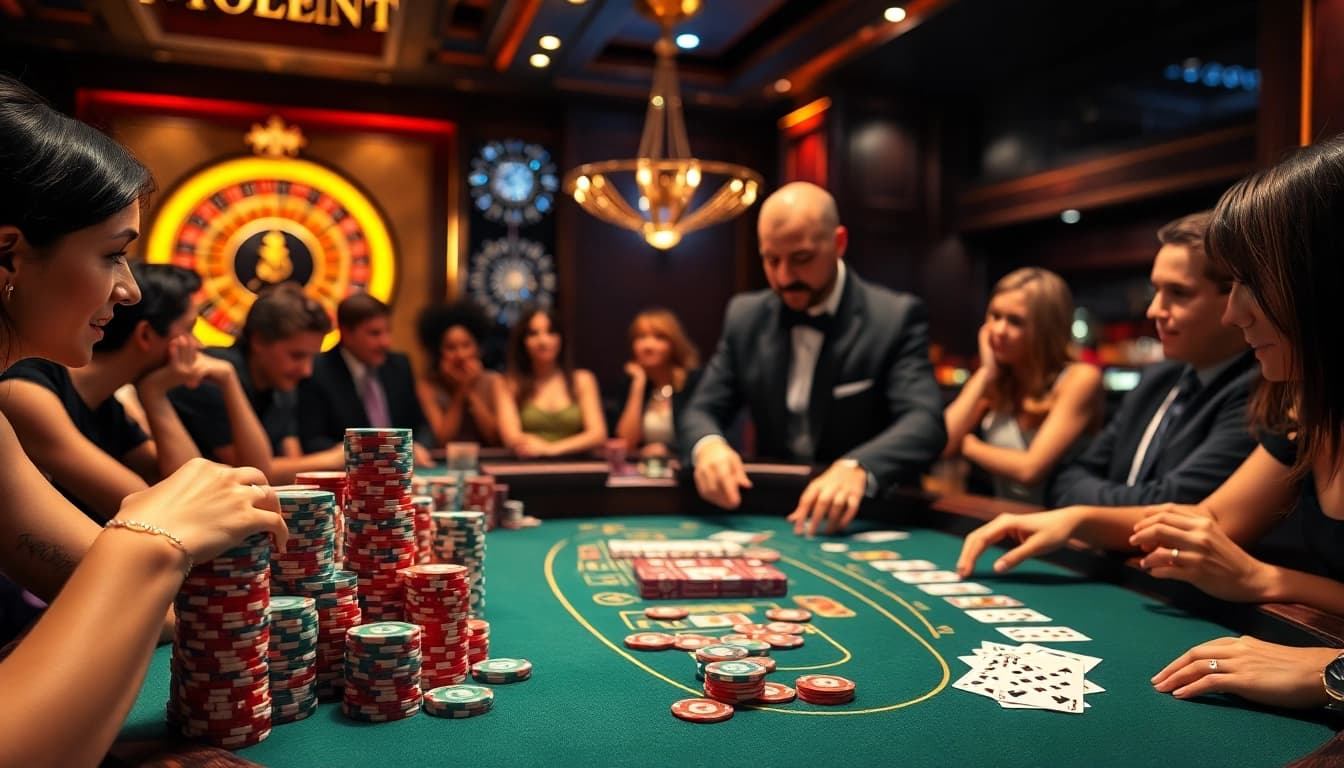 A thrilling poker game at 789P casino with colorful chips, cards, and an inviting atmosphere.