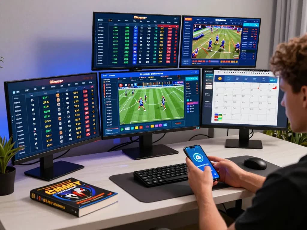 UK88 user engaging in live betting on smartphone while surrounded by sports strategy materials
