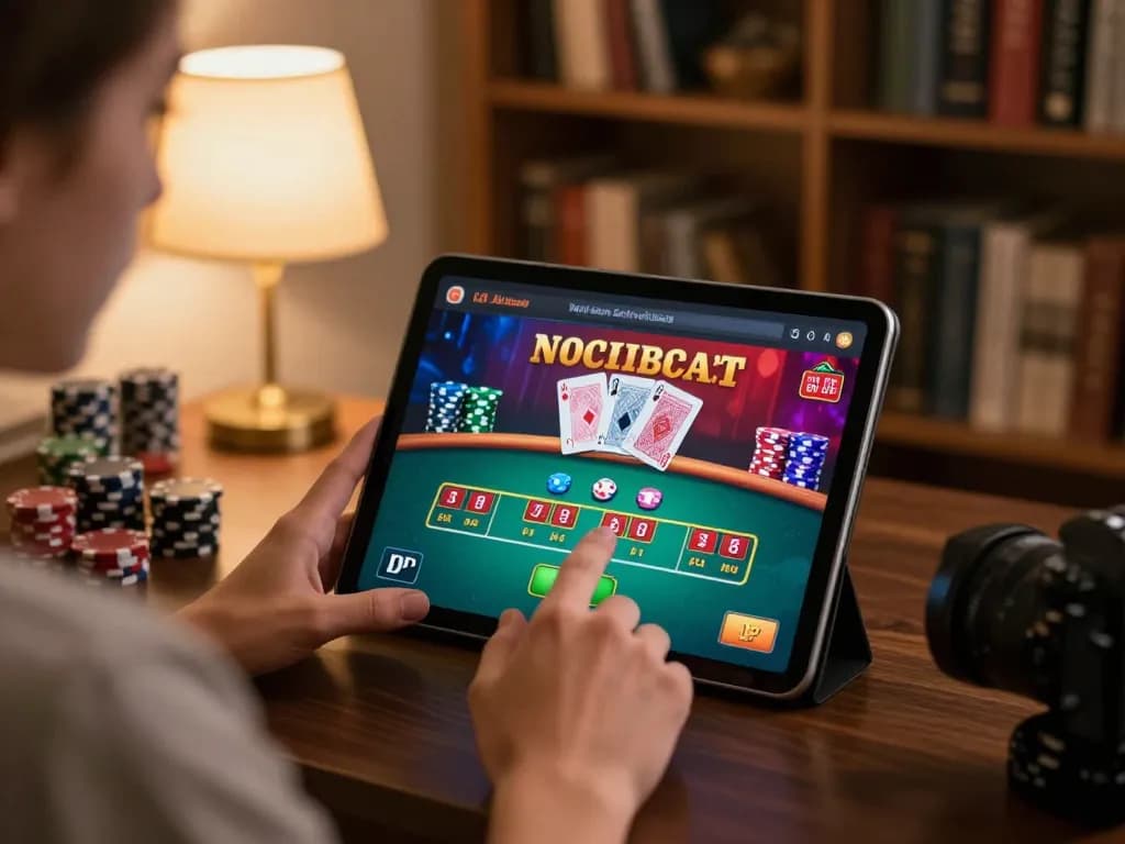 Player enjoying RR88 online casino, actively engaging with poker game on tablet in cozy home setting.
