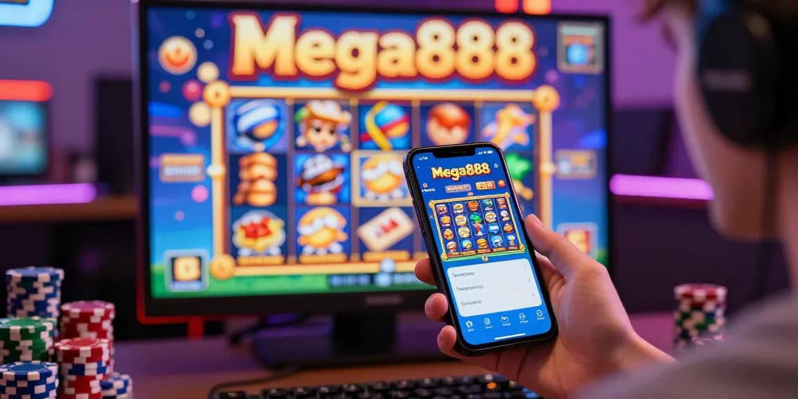 Mega888 gaming excitement with player engaged in mobile gameplay, vibrant graphics, and casino atmosphere.