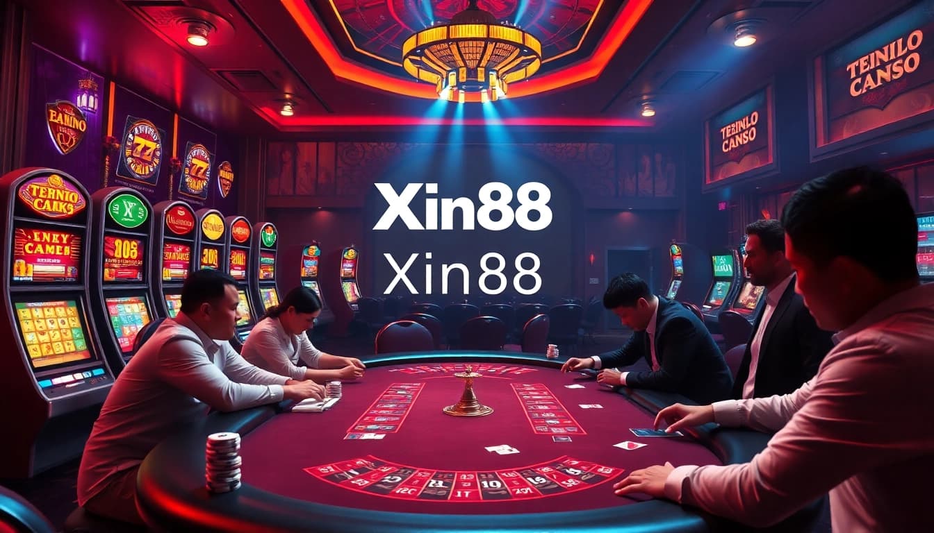Experience the thrill of gambling at Xin88's luxurious poker table with vibrant lights and action.