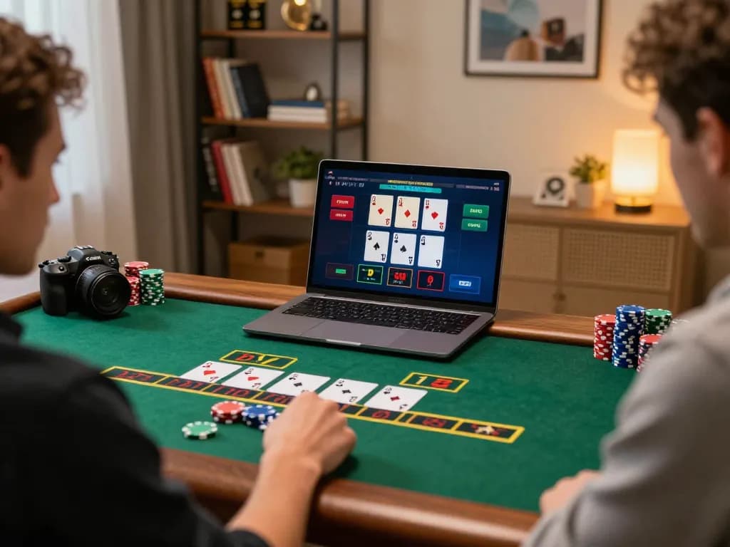 Player engaging in strategic blackjack gameplay on laptop at home, reflecting g28tv and online gambling excitement.