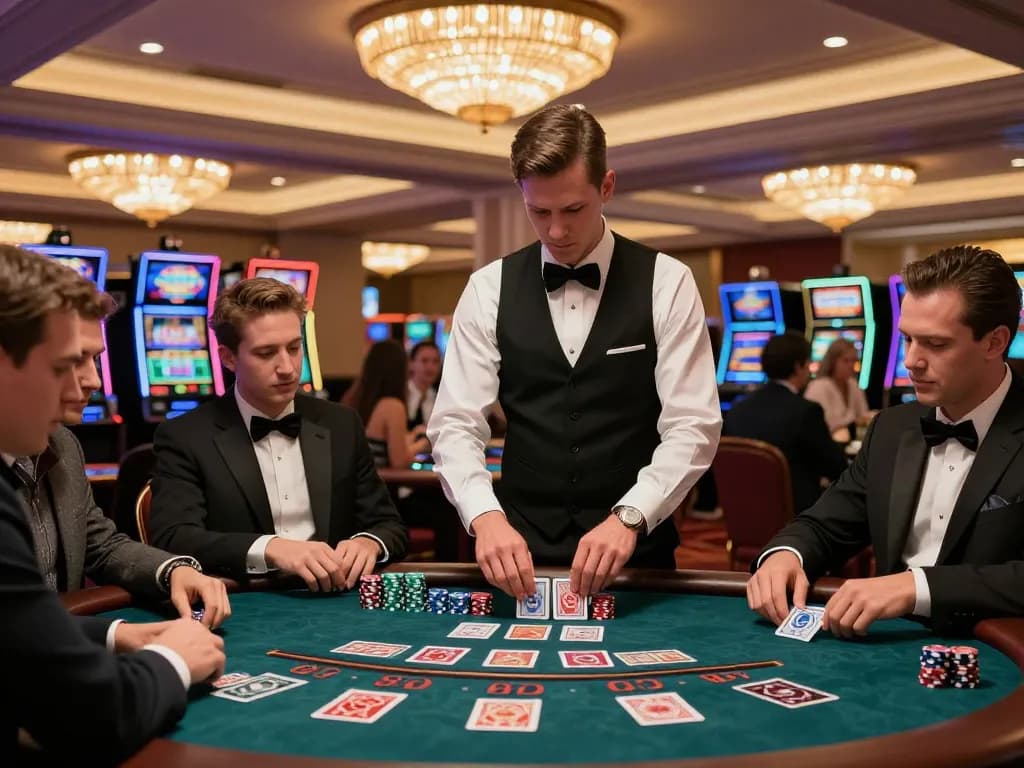 Engaged players at kp88 blackjack table analyzing their cards and strategies.