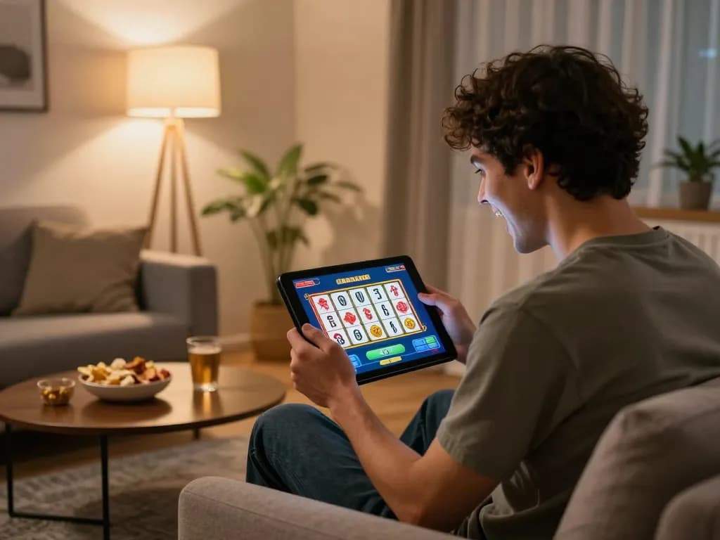 Playing slot mahjong on a tablet in a cozy living room with snacks and excitement during the game