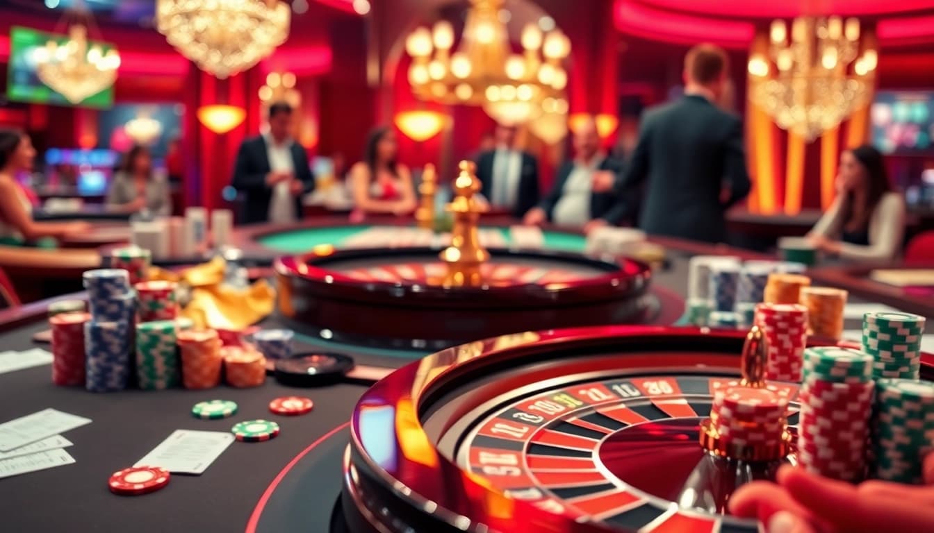 Engaging table scene showcasing kqbd-style betting excitement with roulette and poker action.