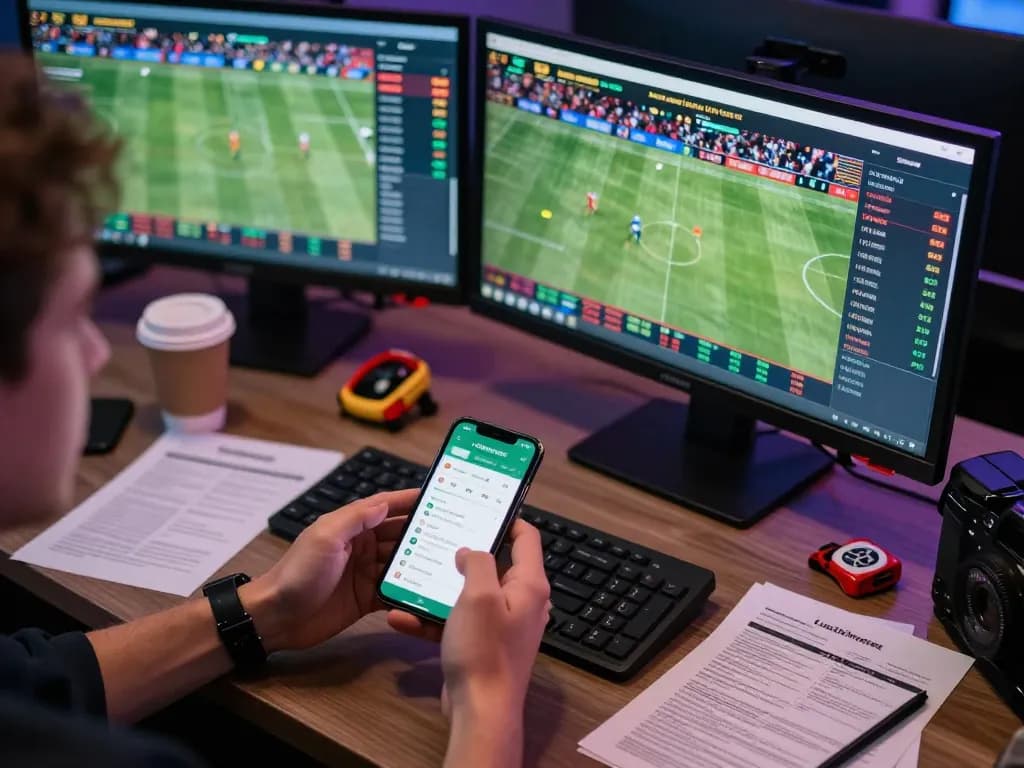 Engaging scene of a person using the luckyindex betting app on smartphone while monitoring live sports events on a dual-screen setup.