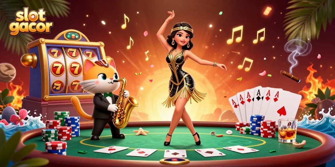 Engage with slot gacor as vibrant characters celebrate wins in a rich casino scene.