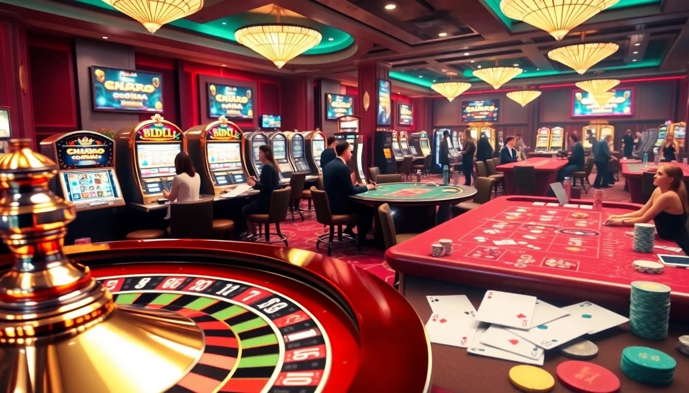Experience the thrill of BDJL gaming at a vibrant casino, featuring poker tables and roulette.
