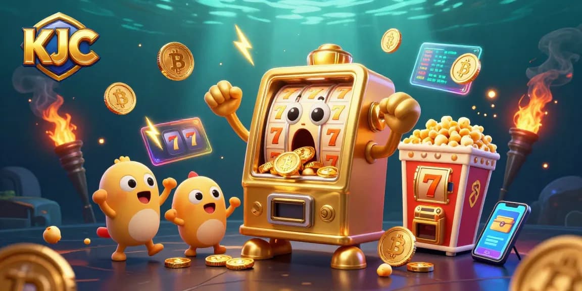 KJC jackpot celebration with a cartoon slot machine and cheering characters amidst exciting gaming elements.