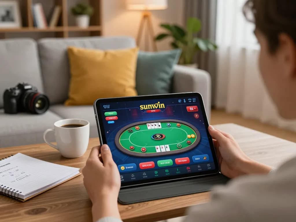 Player enjoying sunwin online poker on a tablet in a cozy living room setting