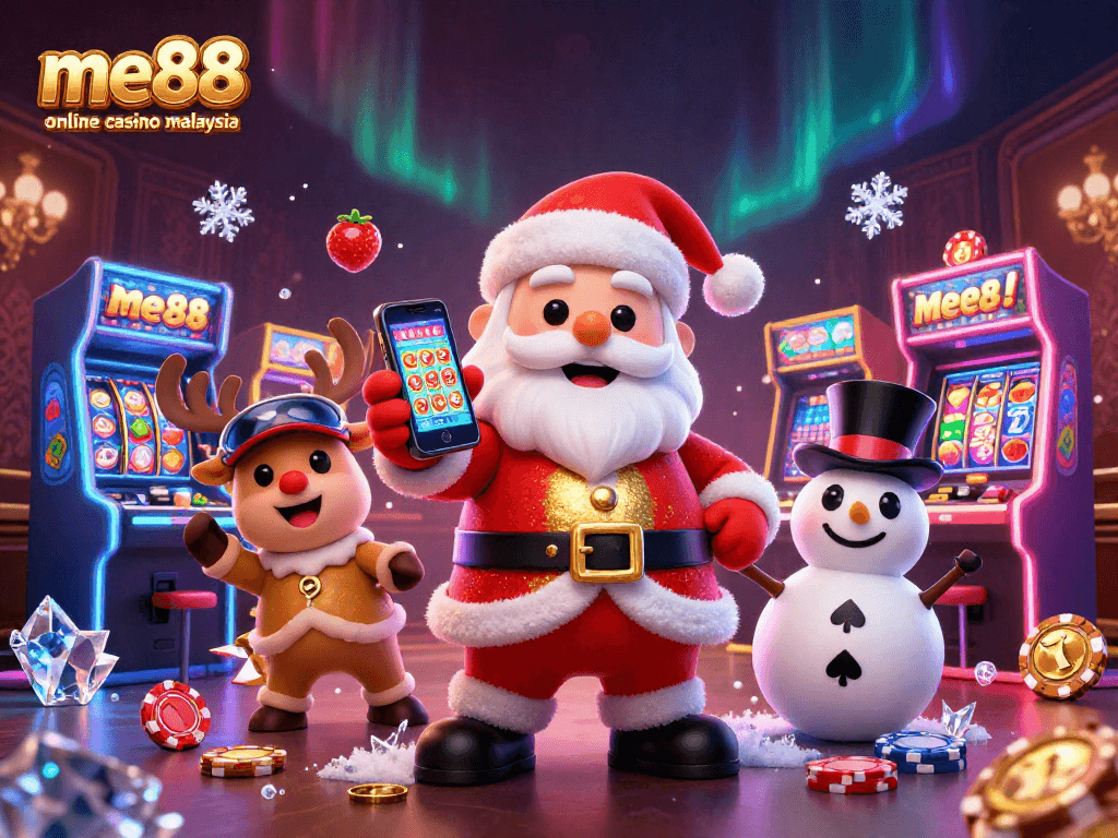 Play exciting games at me88 online casino Malaysia with Santa and friends amid vibrant slot machines.