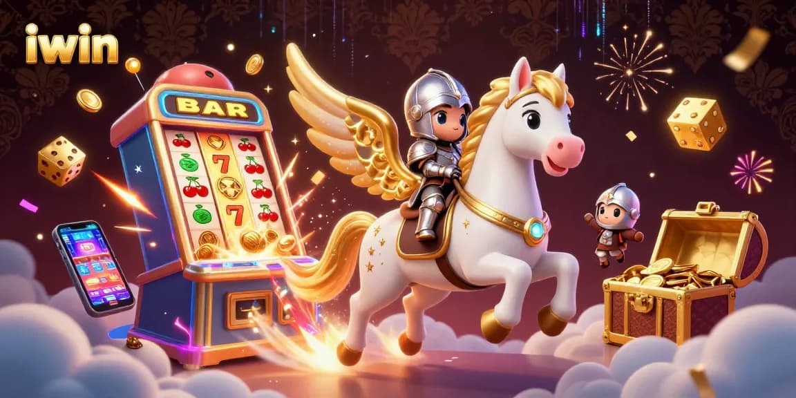 Spin the iwin slot machine with a celestial horse and knight in a casino scene