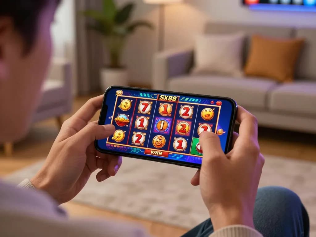 SX88 mobile gaming session with player celebrating a slots win in a cozy home setting