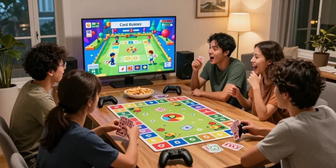 Exciting gameplay experience with friends playing Card Rummy in a cozy living room.